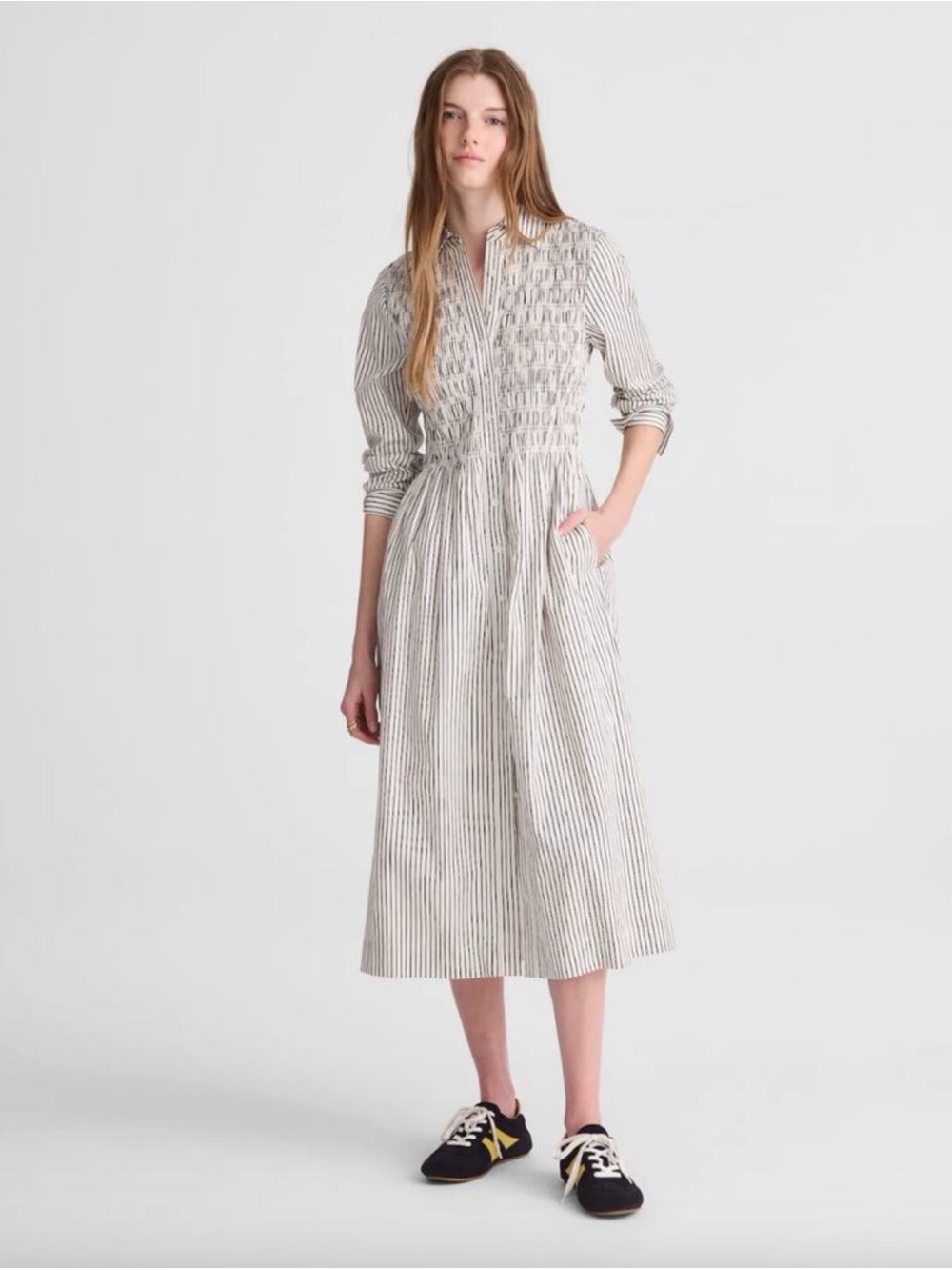Madewell Smocked Midi Shirtdress in Poplin Large NEW White Black Stripe Pockets